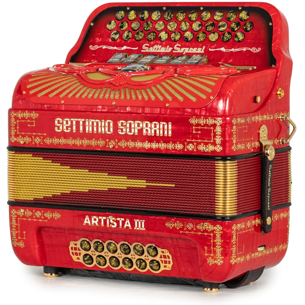 Settimio Soprani Artista III 6 Switch Accordion FBE-EAD in Celluloid Red with Gold