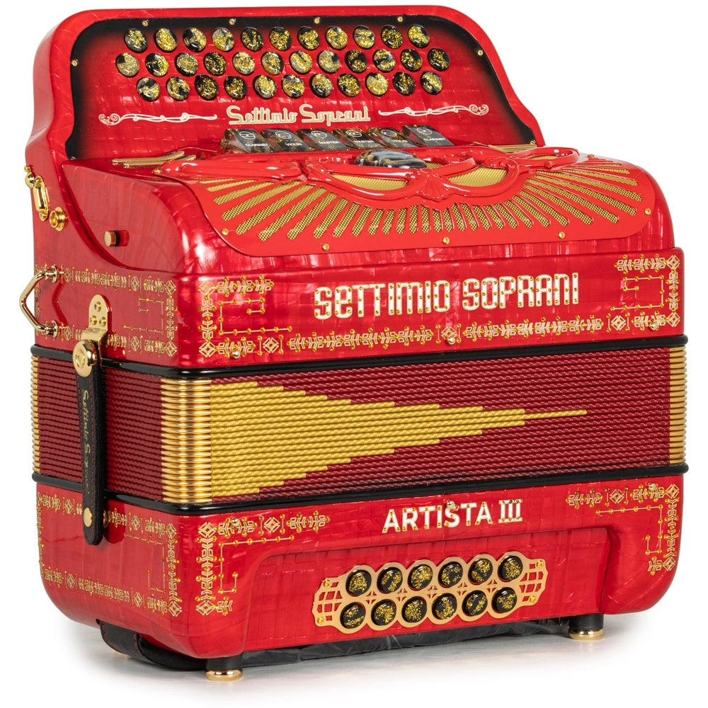 Settimio Soprani Artista III 6 Switch Accordion FBE-EAD in Celluloid Red with Gold