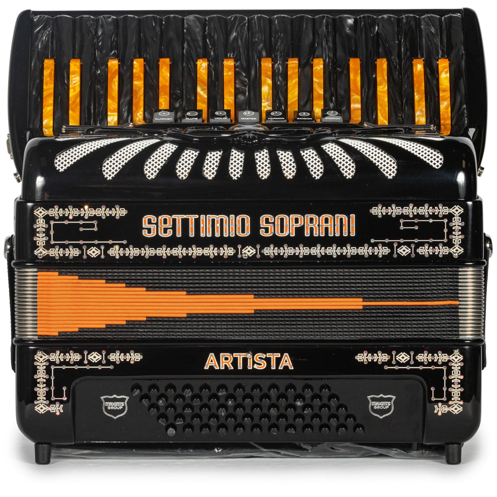 Settimio Soprani Artista Piano Accordion 7 Black with Orange Hermes Music Accordion Pro Shop