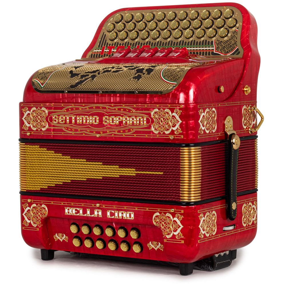 Settimio Soprani Bella Ciao II Ultra Compact 5 Switch Accordion FBE in Celluloid Red with Gold