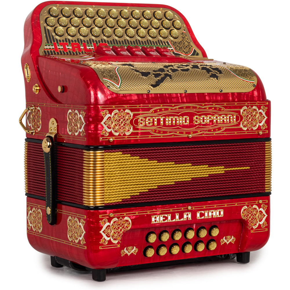 Settimio Soprani Bella Ciao II Ultra Compact 5 Switch Accordion FBE in Celluloid Red with Gold