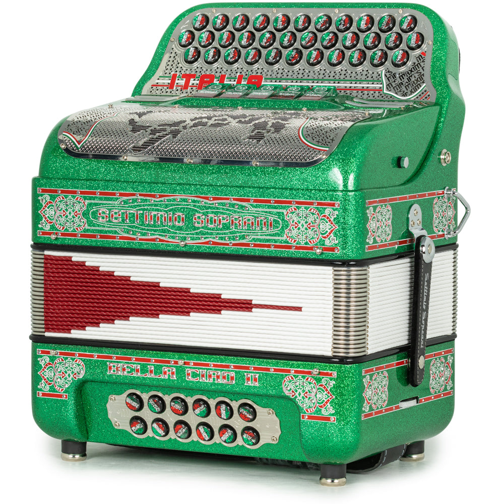 Settimio Soprani Bella Ciao II Ultra Compact 5 Switch Accordion FBE Green Glitter with Red White and Green