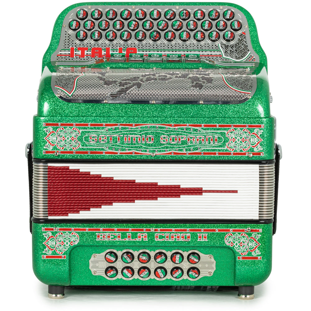 Settimio Soprani Bella Ciao II Ultra Compact 5 Switch Accordion FBE Green Glitter with Red White and Green