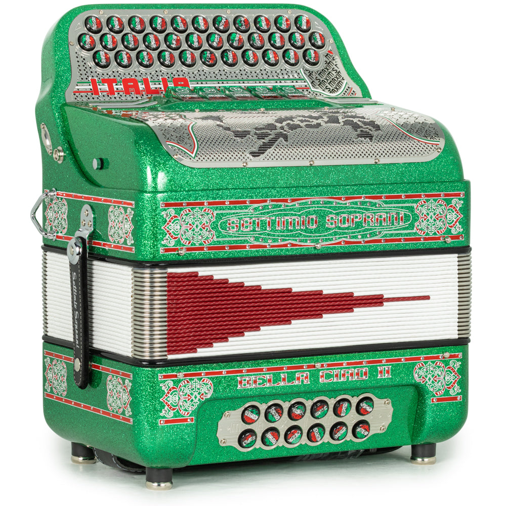 Settimio Soprani Bella Ciao II Ultra Compact 5 Switch Accordion FBE Green Glitter with Red White and Green