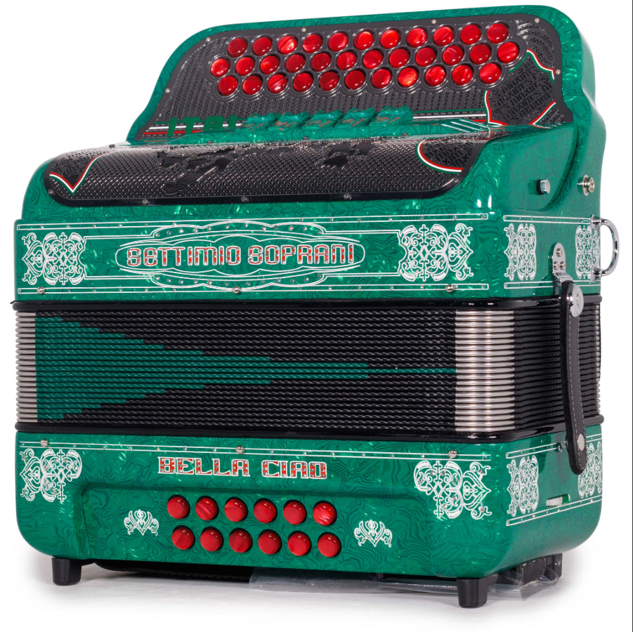 Settimio Soprani Bella Ciao Accordion 5 Switch FBE Celluloid Green Glitter with White and Red Buttons