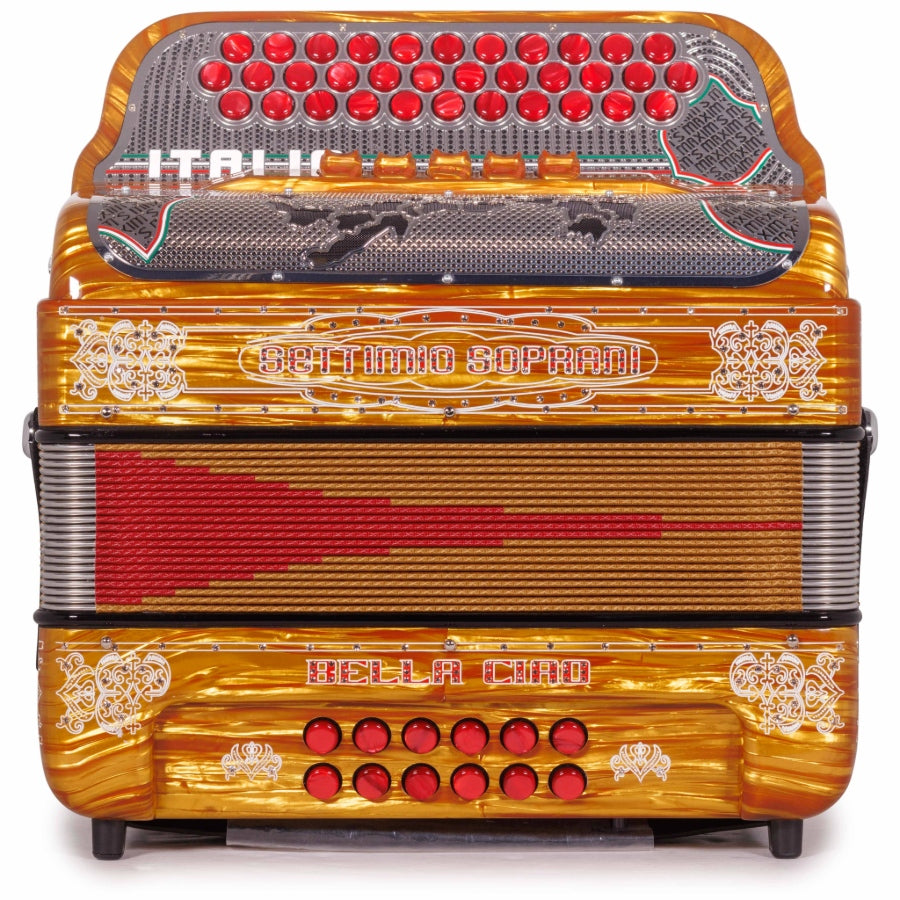 Settimio Soprani Bella Ciao Accordion 5 Switch EAD Celluloid Wood with Gold and Red Accessories