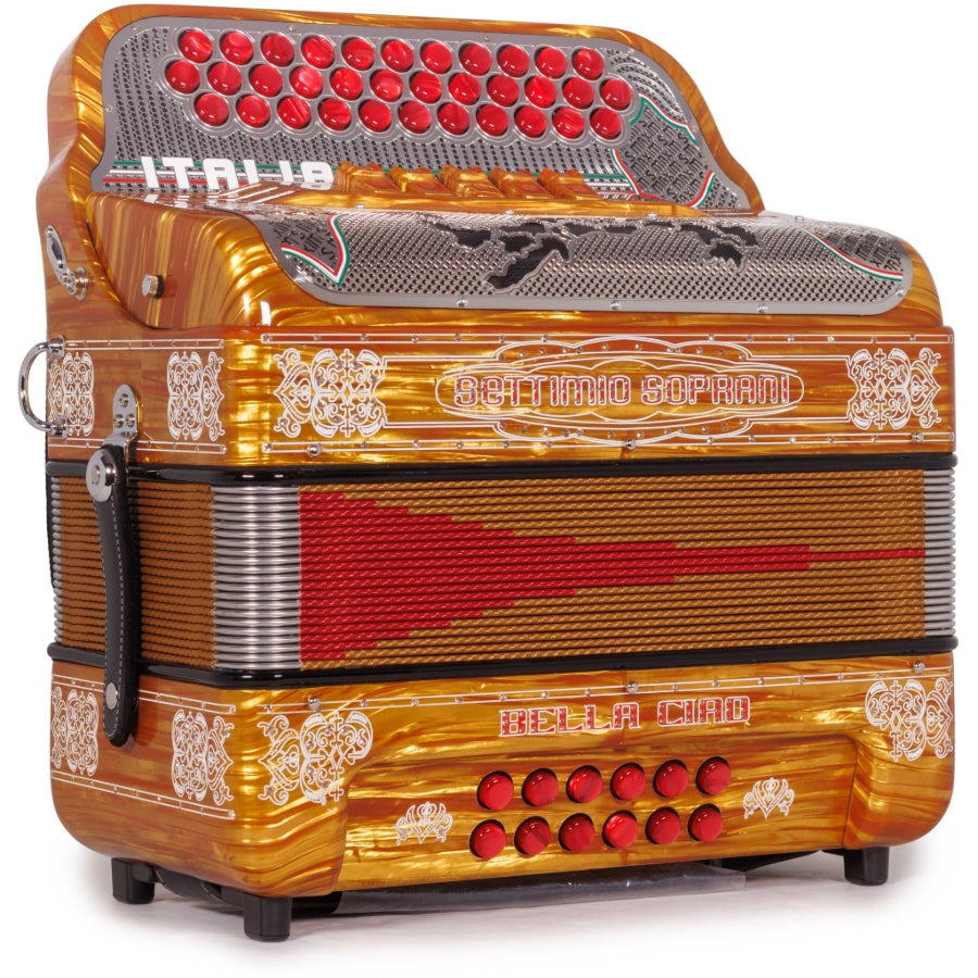 Settimio Soprani Bella Ciao Accordion 5 Switch EAD Celluloid Wood with Gold and Red Accessories