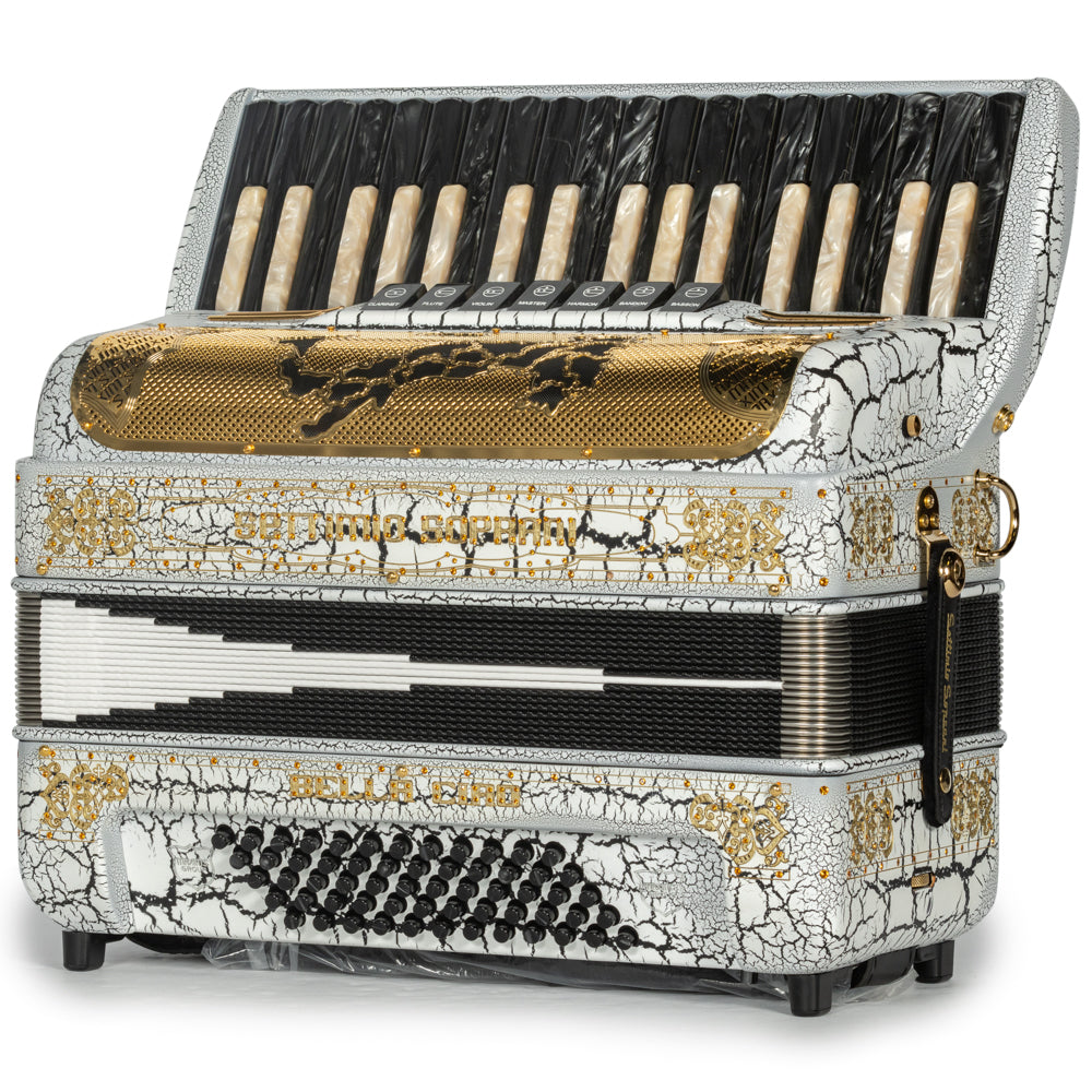 Settimio Soprani Bella Ciao Piano Accordion 7 Switch Cracked White and Gold Hermes Music Accordion Pro Shop