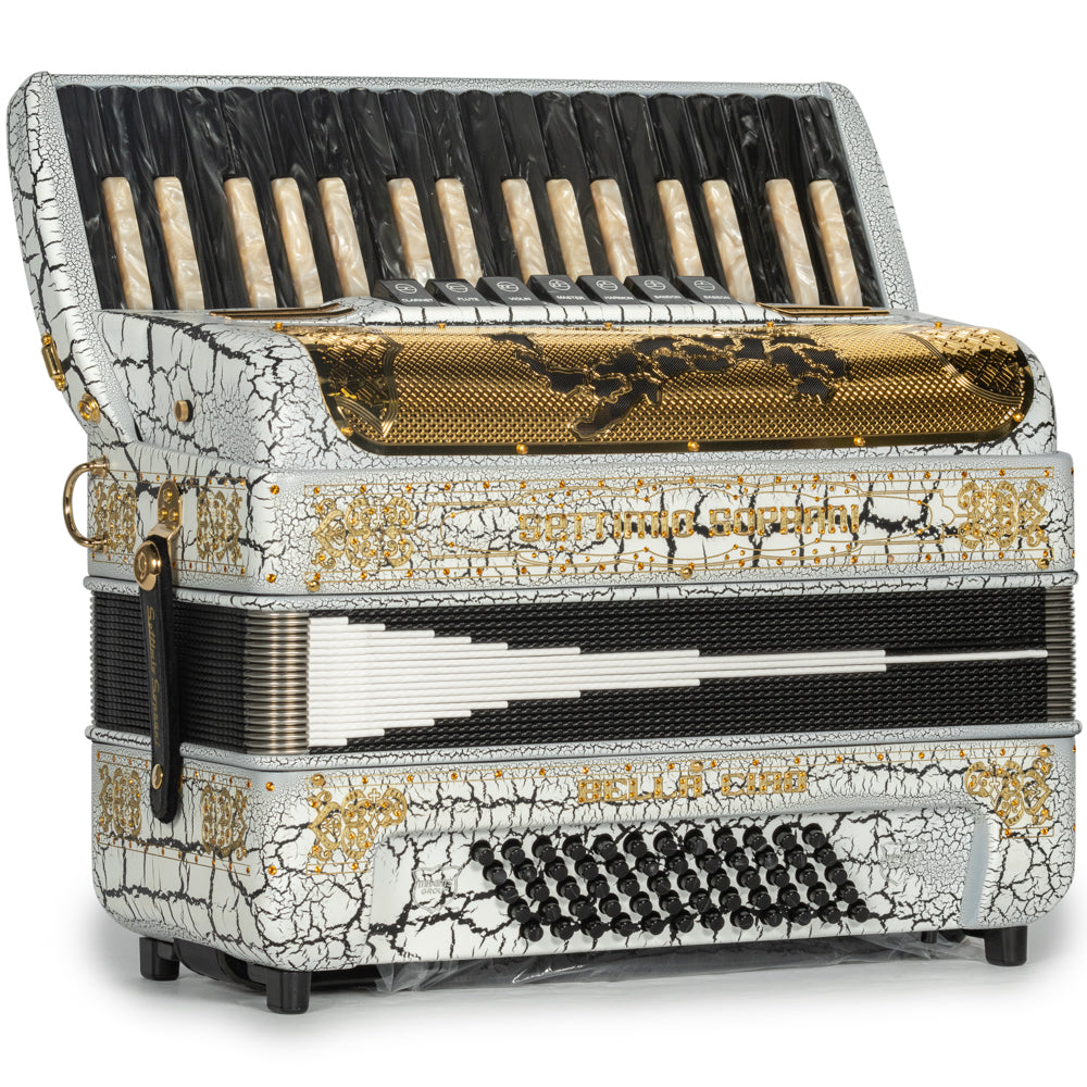 Settimio Soprani Bella Ciao Piano Accordion 7 Switch Cracked White and Gold Hermes Music Accordion Pro Shop