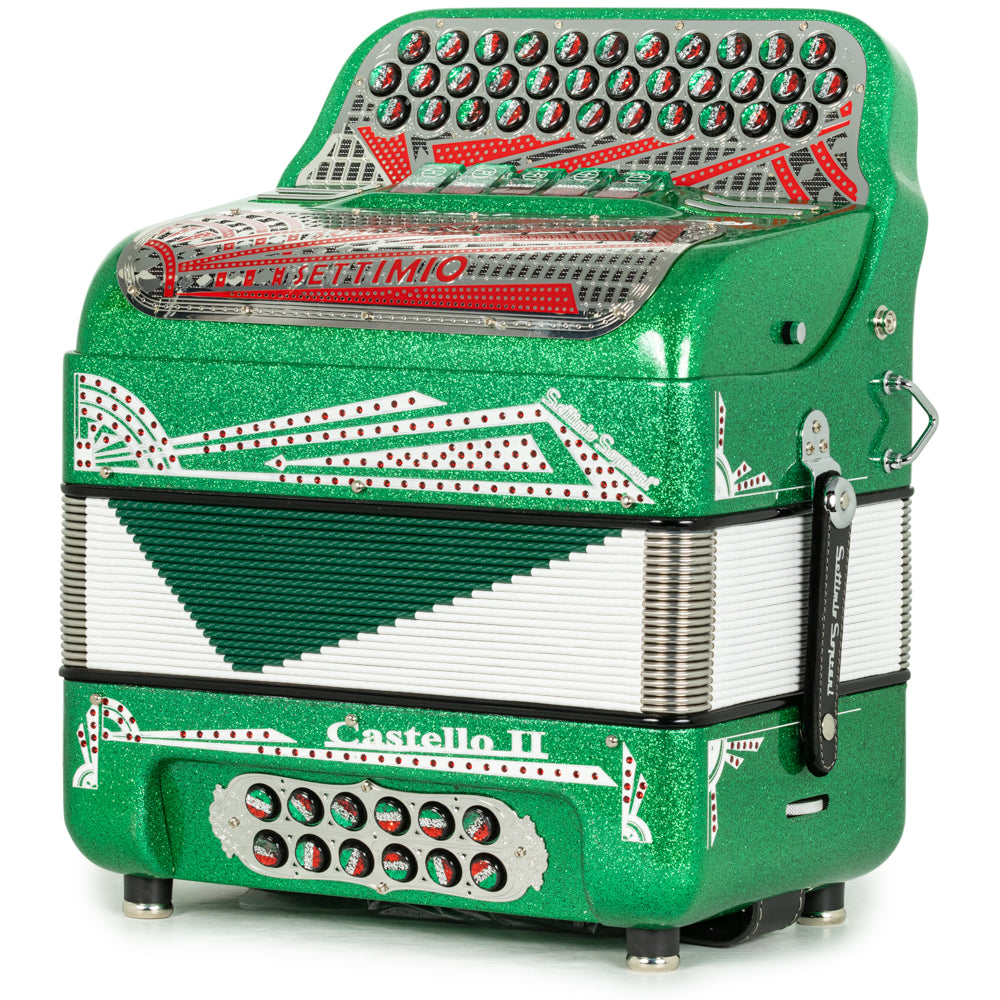 Settimio Soprani Castello II Ultra Compact 5 Switch Accordion FBE Green Glitter with Red White and Green