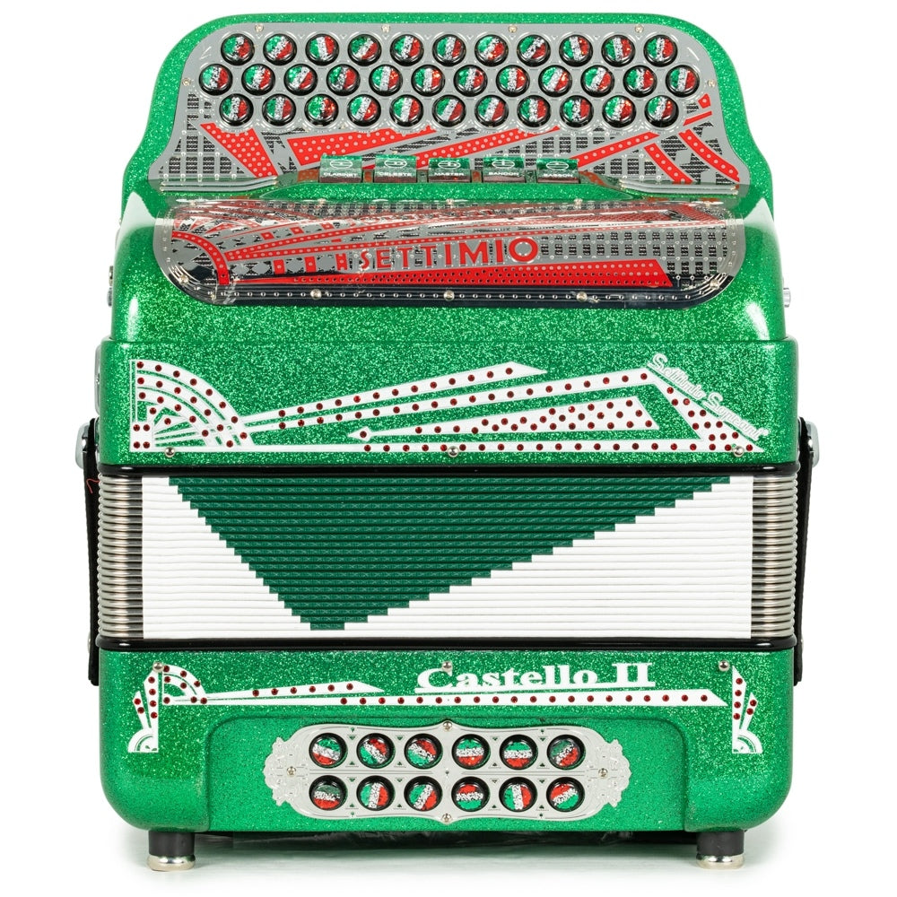 Settimio Soprani Castello II Ultra Compact 5 Switch Accordion FBE Green Glitter with Red White and Green