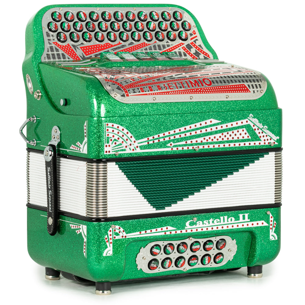 Settimio Soprani Castello II Ultra Compact 5 Switch Accordion FBE Green Glitter with Red White and Green