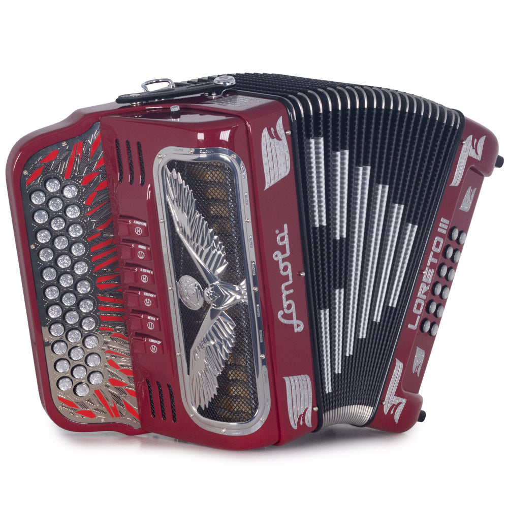 Sonola Loreto III Accordion 6 Switch FBE/EAD Electric Red with Silver Designs-accordion-Sonola- Hermes Music