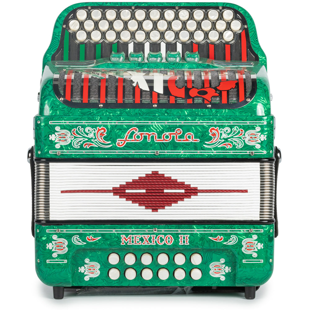 Sonola Mexico II Ultra Compact 5 Switch GCF Accordion Celluloid Wavy Green with White and Red
