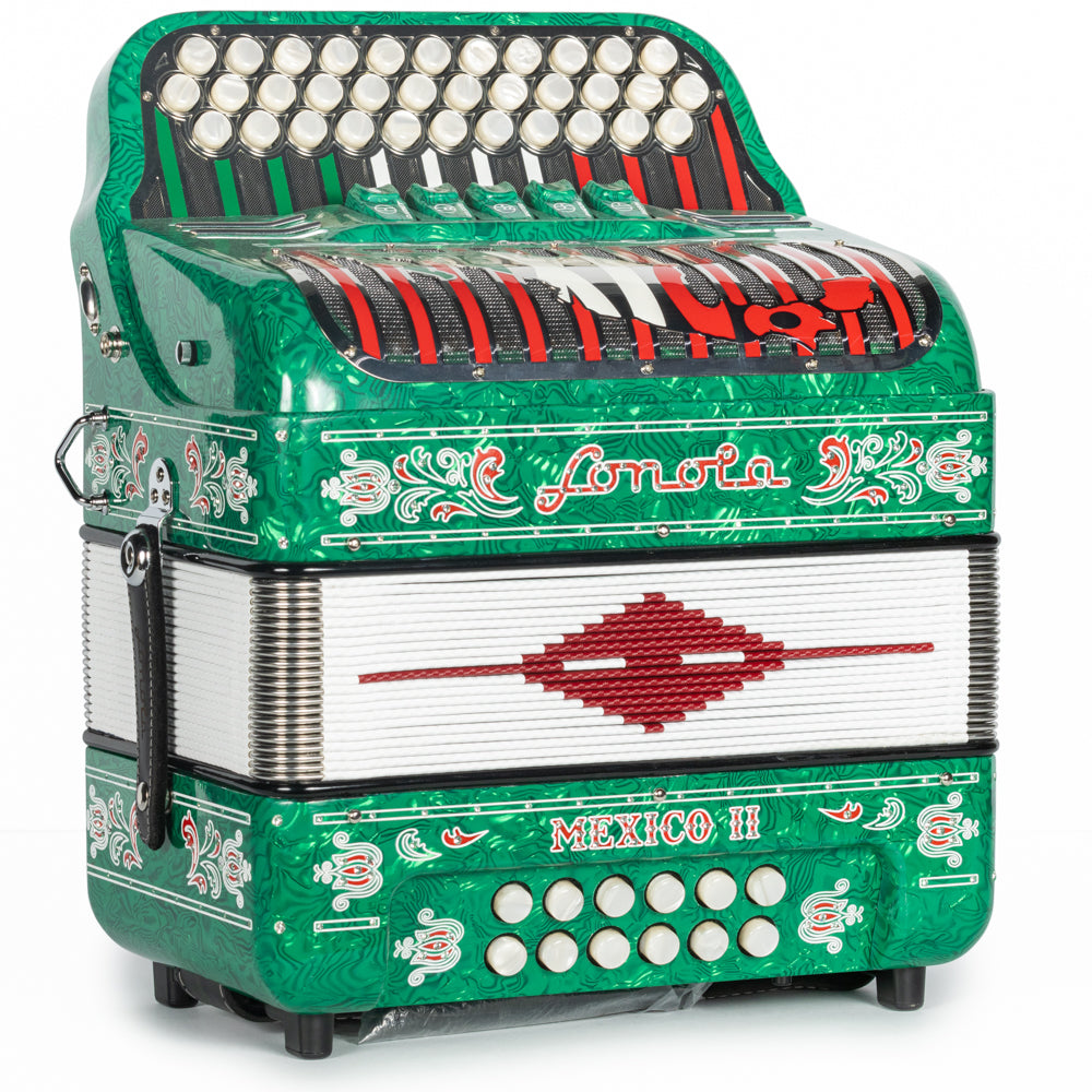 Sonola Mexico II Ultra Compact 5 Switch GCF Accordion Celluloid Wavy Green with White and Red