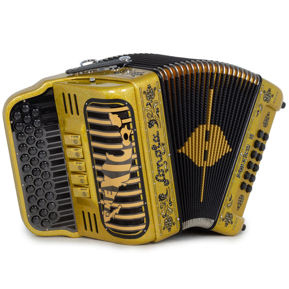 Sonola Mexico II Ultra Compact Accordion 5 Switches GCF Gold Tinsel with Black and Black Designs-accordion-Sonola- Hermes Music