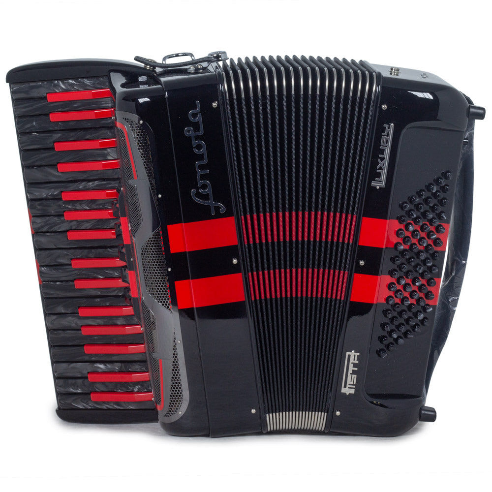 Sonola Pista Deluxe Piano Accordion 5 Switch Glossy Black with Red and Black Keys-accordion-Sonola- Hermes Music