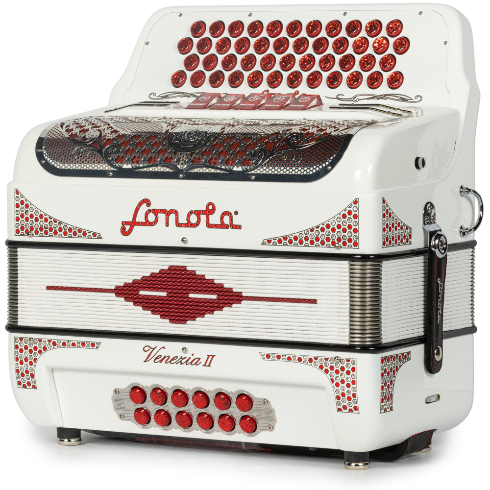 Sonola Venezia II Accordion 5 Switch 46 Button FBE White with Red-Sonola-Hermes Music-Accordion Pro Shop