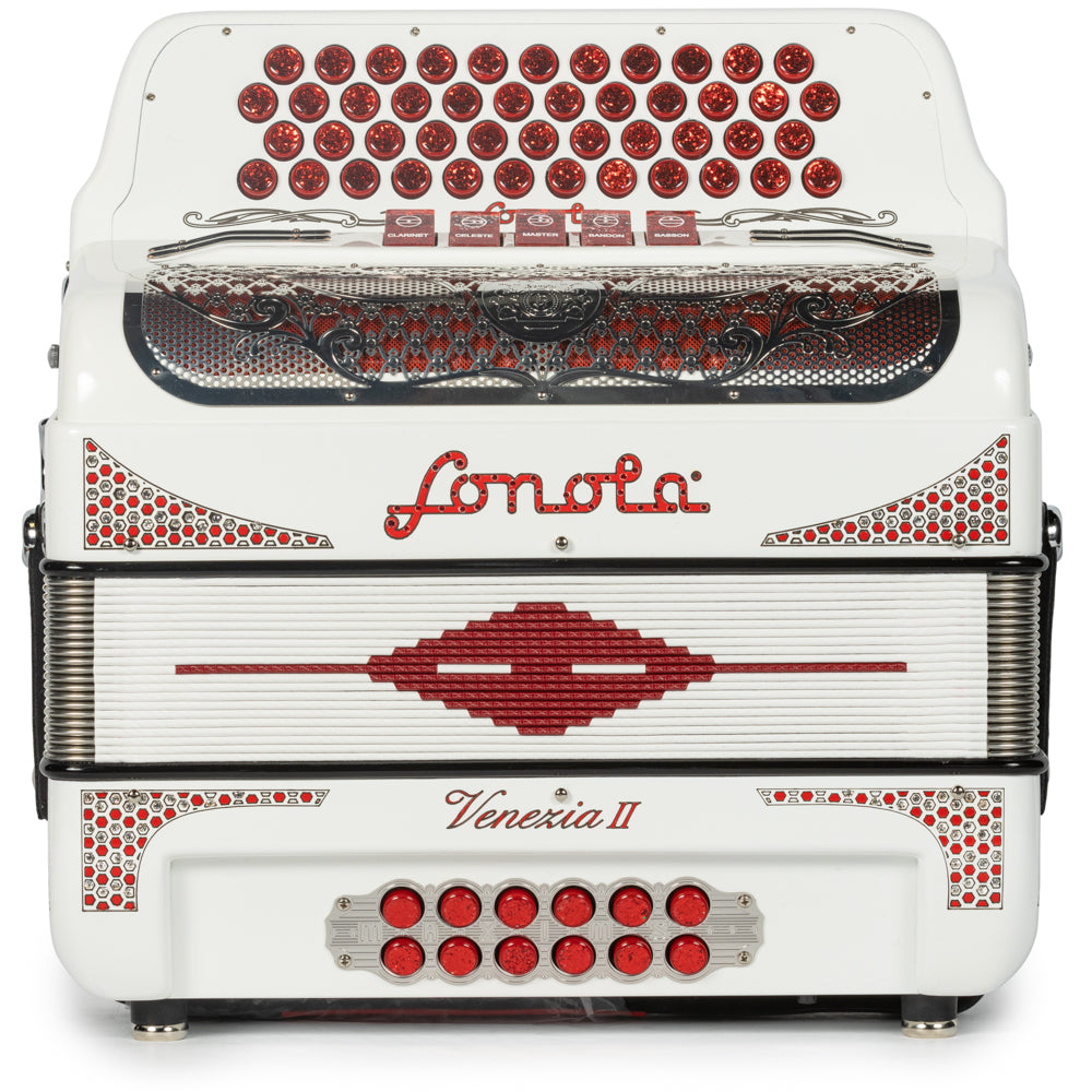 Sonola Venezia II Accordion 5 Switch 46 Button FBE White with Red-Sonola-Hermes Music-Accordion Pro Shop