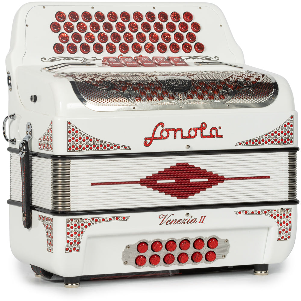 Sonola Venezia II Accordion 5 Switch 46 Button FBE White with Red-Sonola-Hermes Music-Accordion Pro Shop