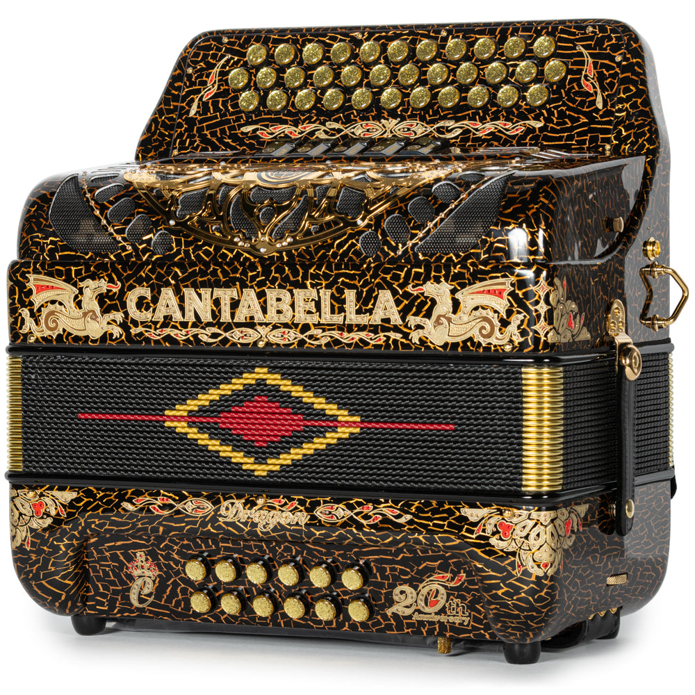 Cantabella Dragon Accordion 5 Switch FBE Celluloid Crackled Gold