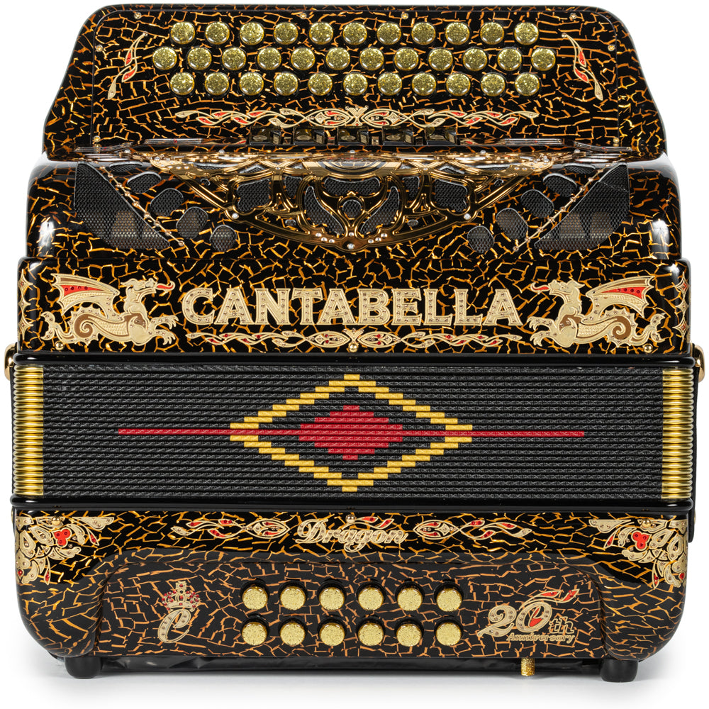 Cantabella Dragon Accordion 5 Switch FBE Celluloid Crackled Gold