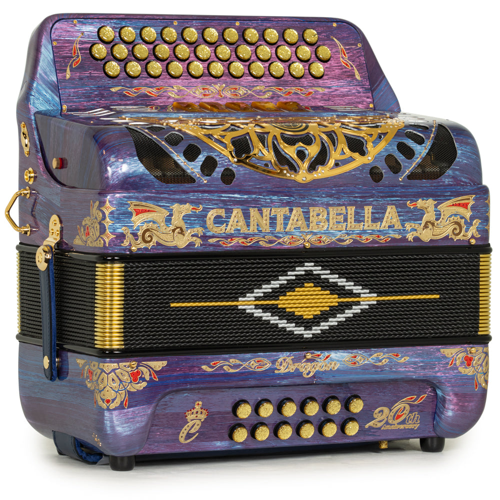 Cantabella Dragon Accordion 5 Switch FBE Celluloid Purple Blue and Gold